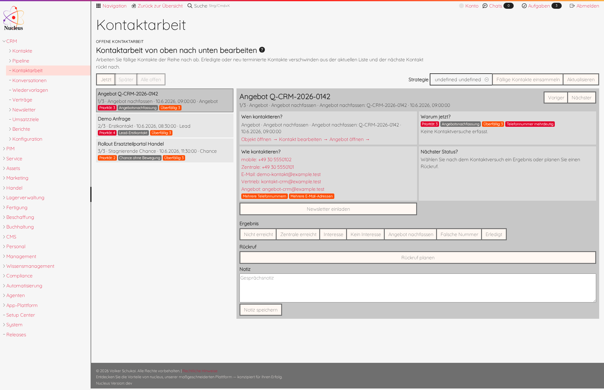 Kontaktarbeit mit priorisierter Arbeitsliste und aktiver Kontaktkarte