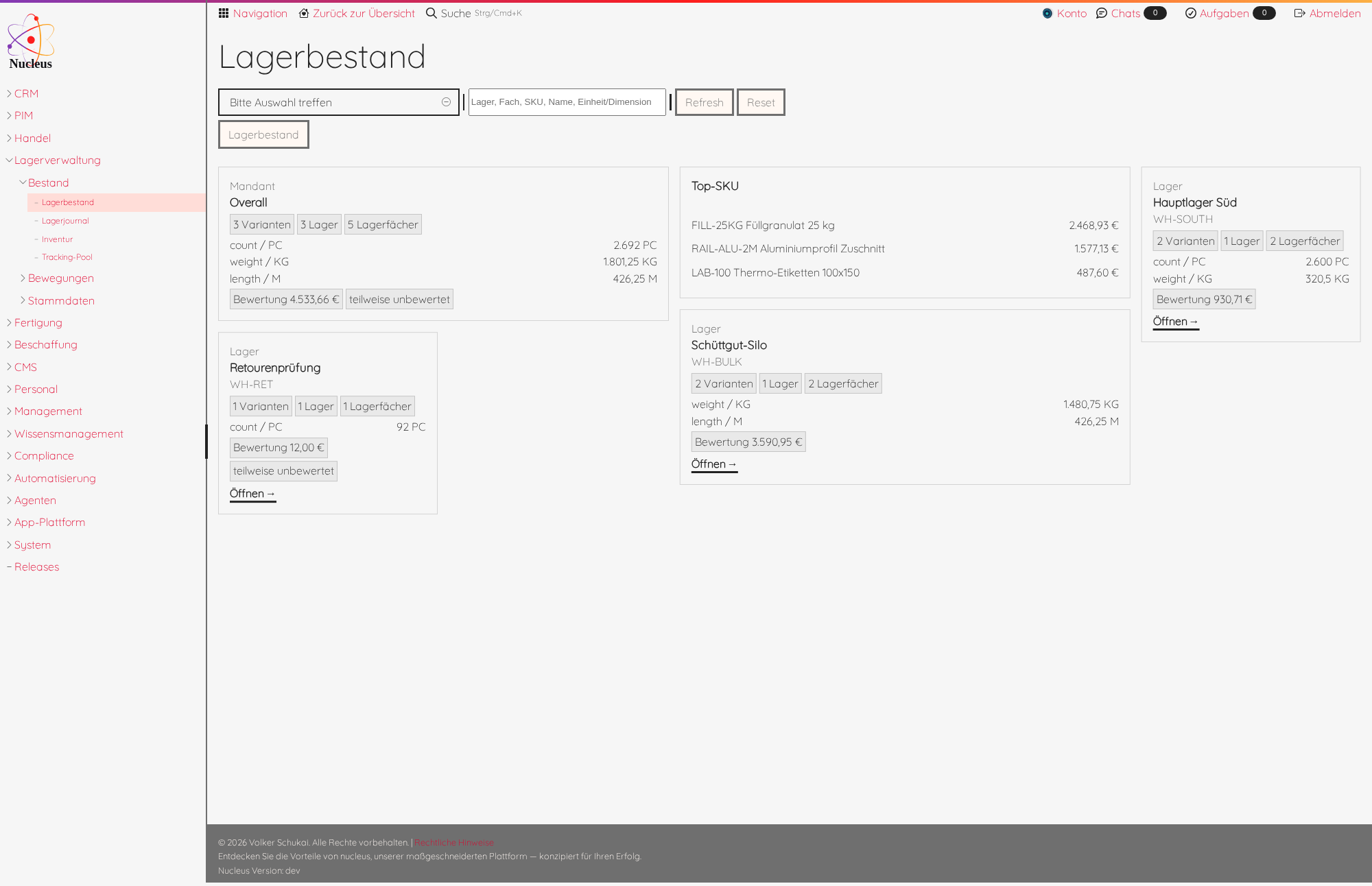 Lagerbestandsübersicht mit Mandant, Lagern, Variantenanzahl und EUR-Bewertung