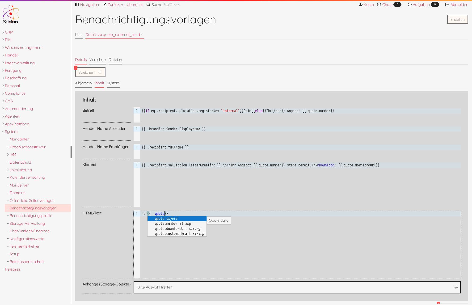 Platzhalter-Autovervollständigung im Benachrichtigungsvorlagen-Editor
