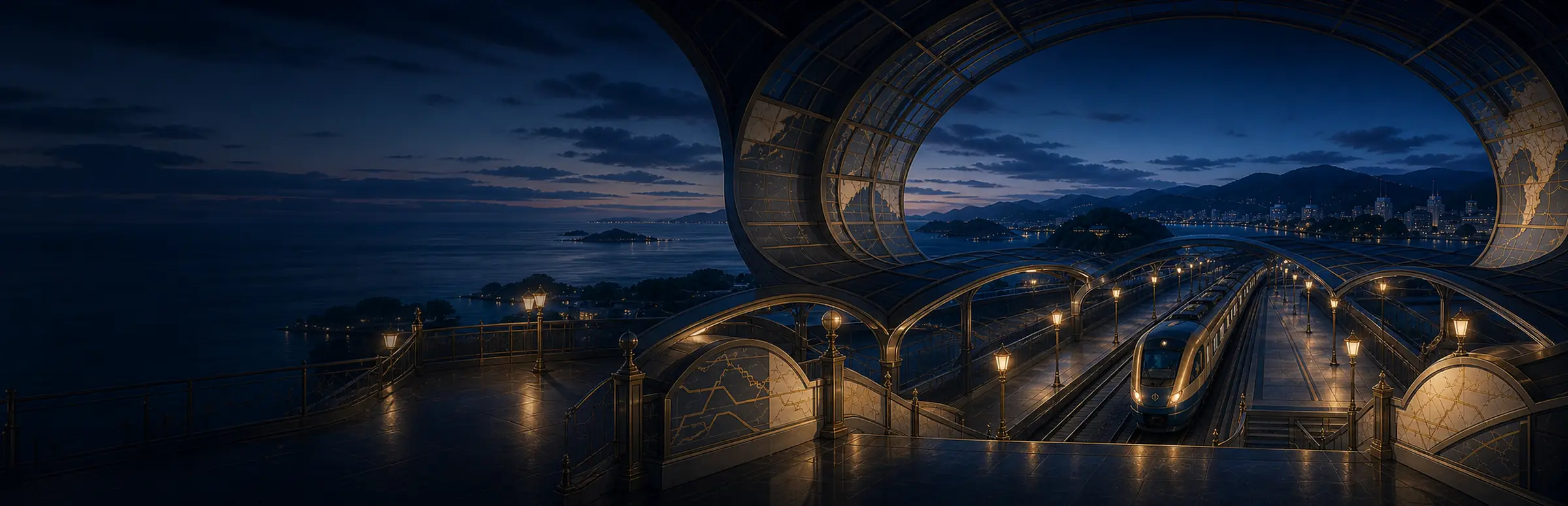 OshiYa: a seaside railway station at night with a train at the illuminated platform.