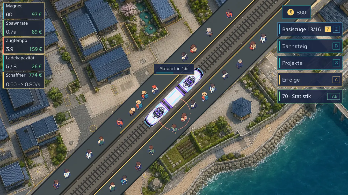 OshiYa on PC: a top-down view of the coastal platform, a train waiting at the track and passengers all around. Upgrades on the left, station, projects and achievements on the right.