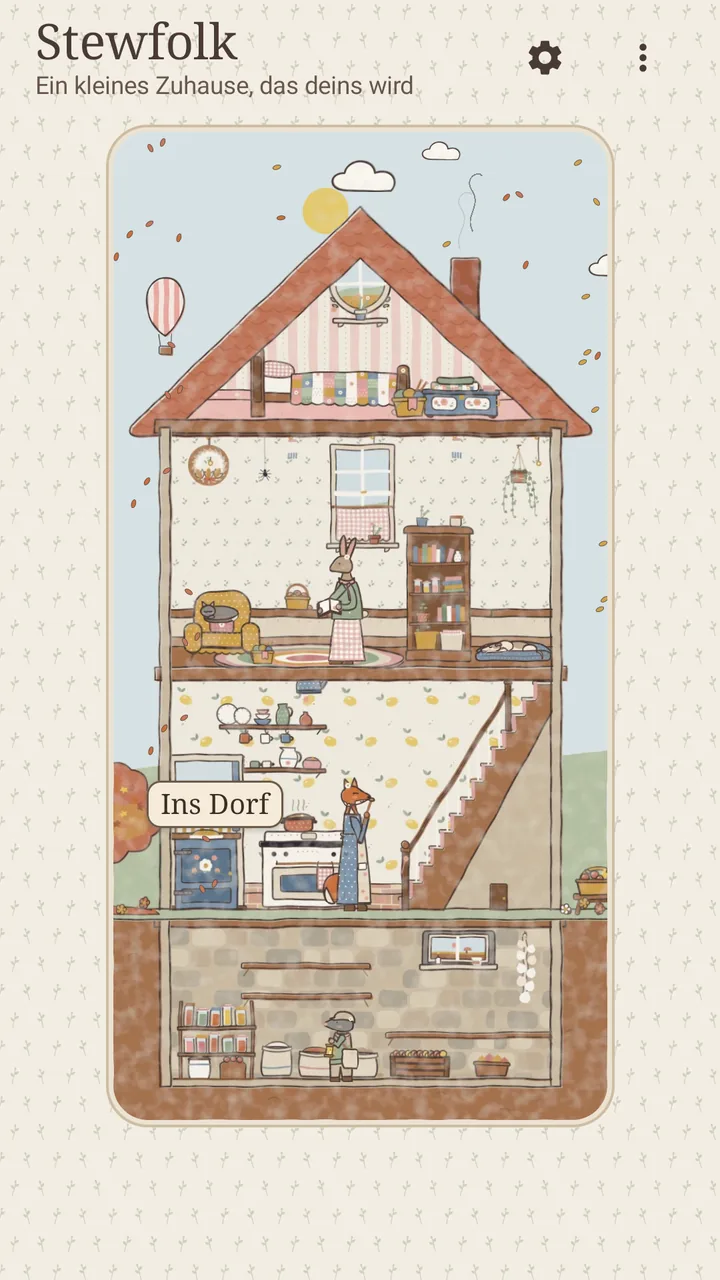 Stewfolk on a phone: a cross-section of your house with attic, living room, kitchen and pantry cellar. The hare is reading in the living room, and a fox stands at the stove in the kitchen.