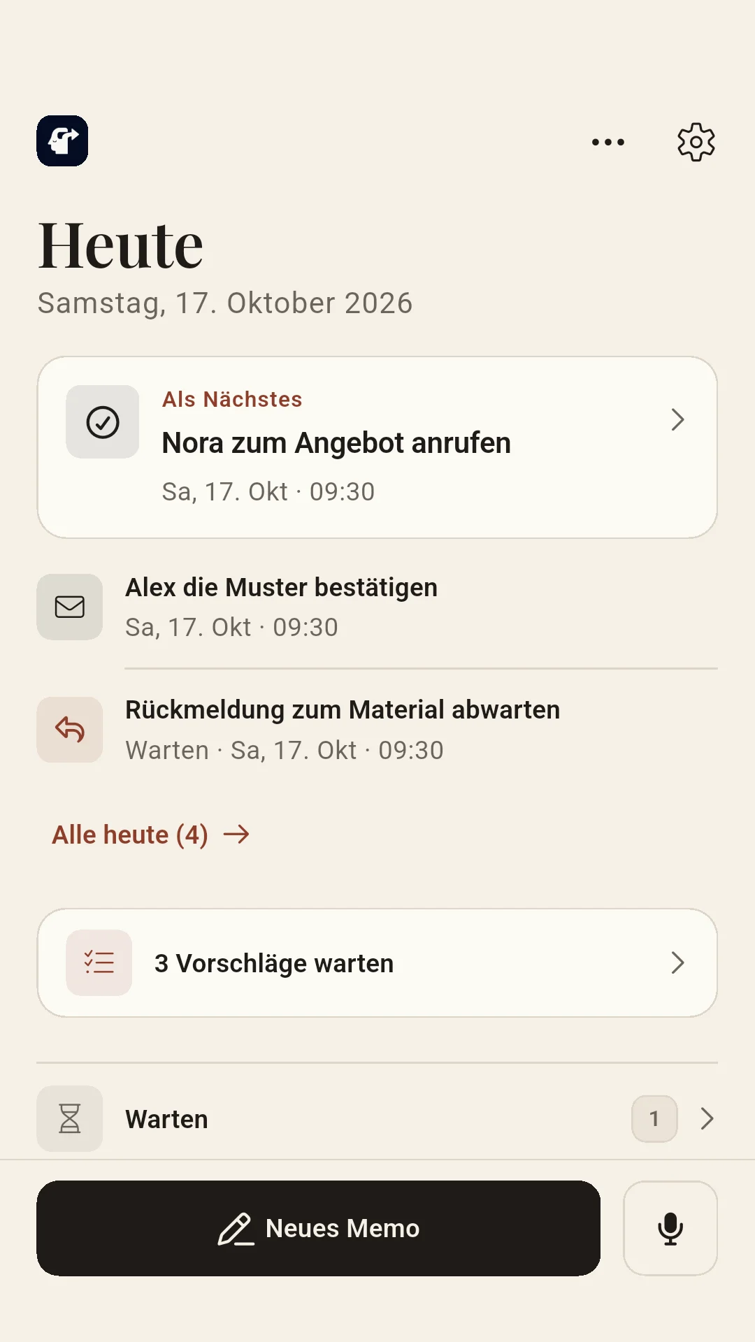 Raus! on an Android device: the Today view with the next step “Call Nora about the quote”, further entries, three pending suggestions and the New memo button.