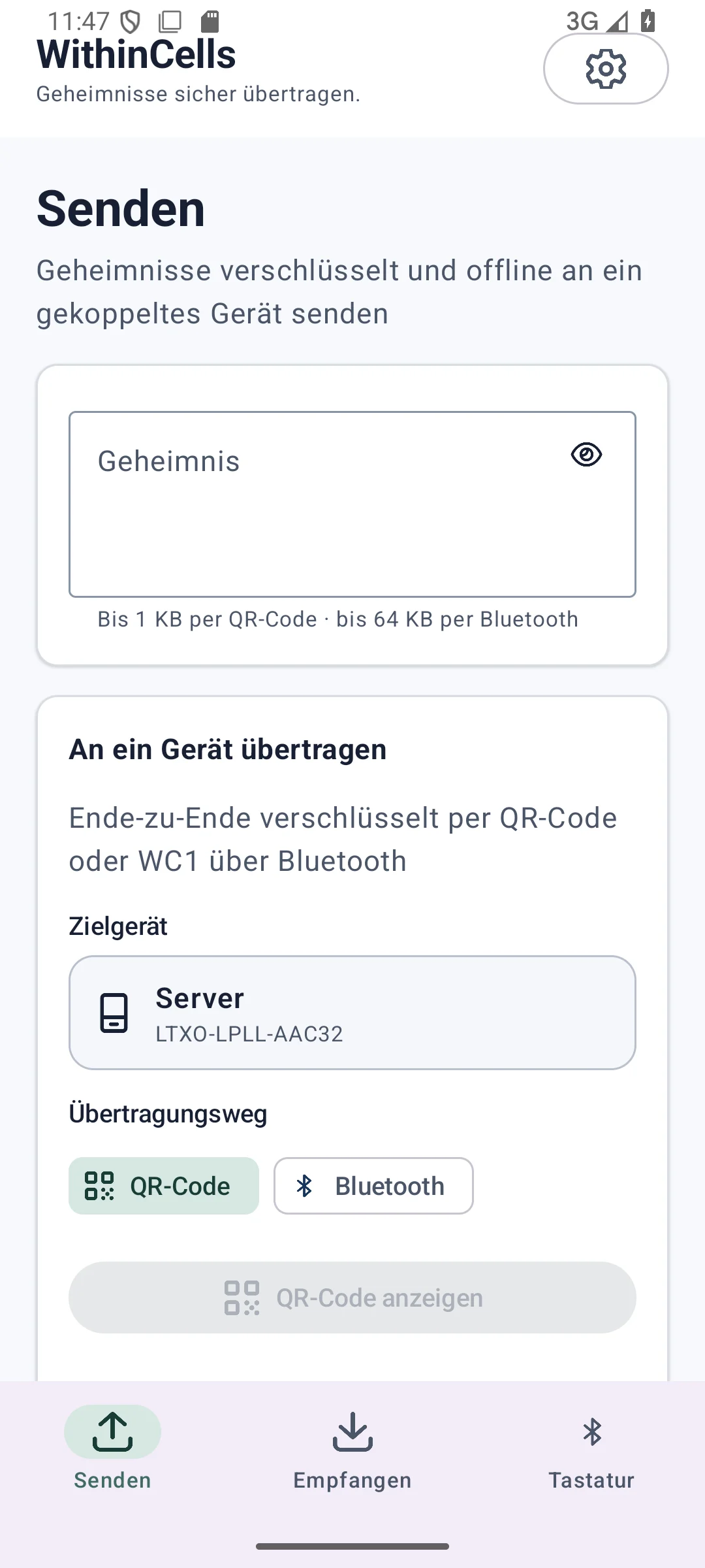 WithinCells on an Android device: the Send view with an input field for the secret, a paired target device and the choice between QR code and Bluetooth.